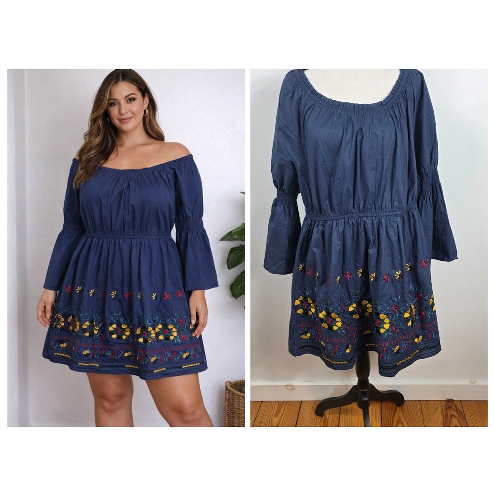 Angela Plus Dress Women 3XL Navy Blue Embroidered Off Shoulder Boho Mini Peasant